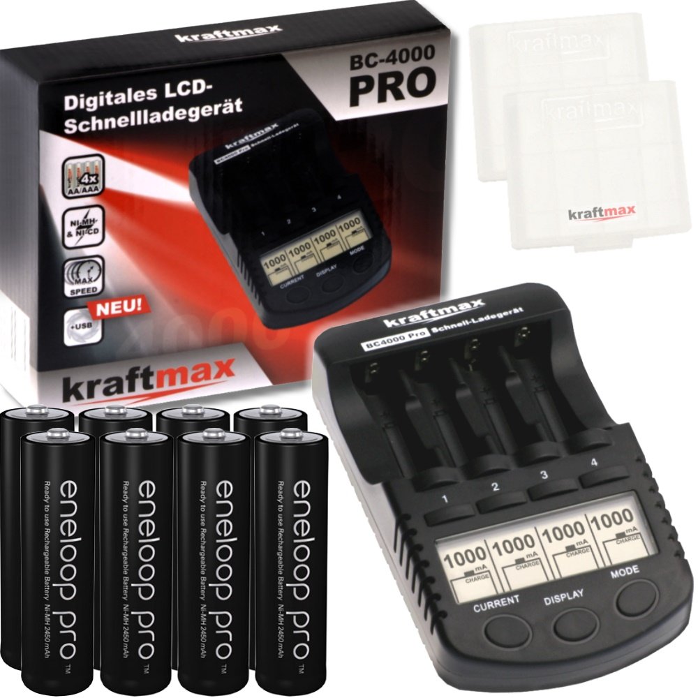 Kraftmax Kombipack - Kraftmax BC-4000 Pro Ladegerät und 8X Pansonic Eneloop PRO XX AA/Mignon Akkus -