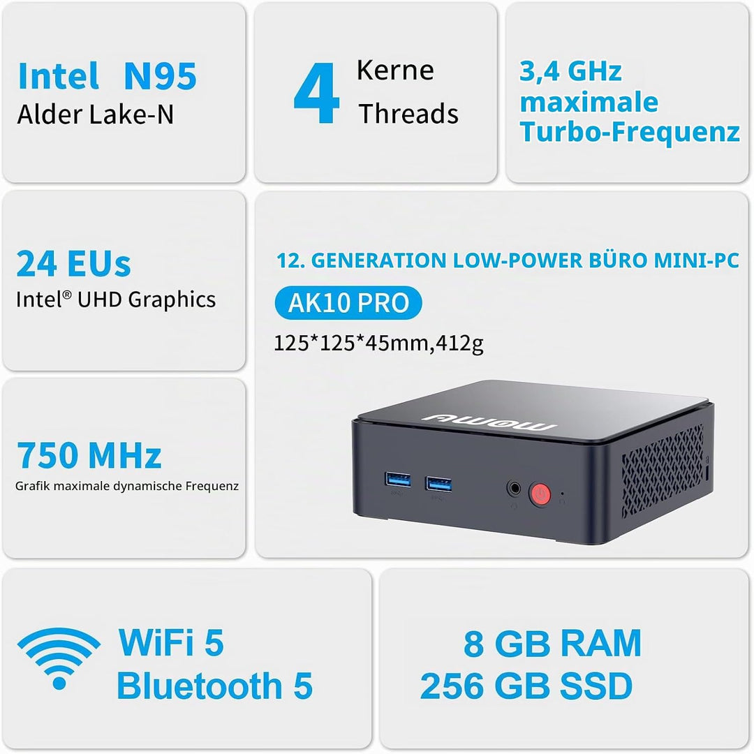 AWOW AK10 Mini PC N95 (bis zu 3,4 GHz), 8GB RAM 256GB SSD, 4K UHD, WiFi 5, Bluetooth 5.2, Gigabit LA