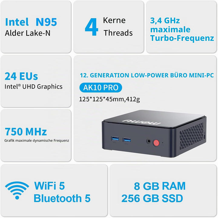AWOW AK10 Mini PC N95 (bis zu 3,4 GHz), 8GB RAM 256GB SSD, 4K UHD, WiFi 5, Bluetooth 5.2, Gigabit LA