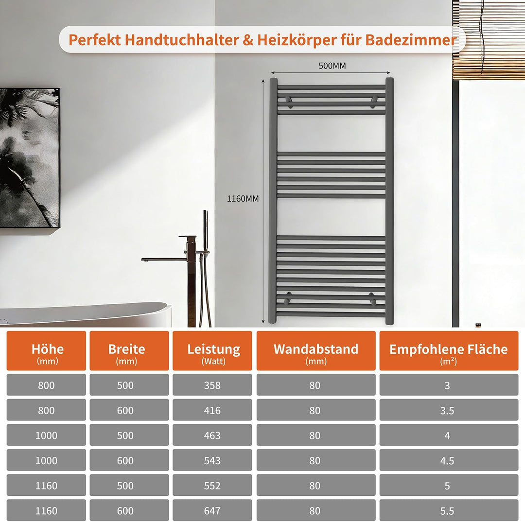 Badheizkörper Seitenanschluss 1200x500mm, 500W Handtuchheizkörper & Handtuchtrockner, Einfach Instal