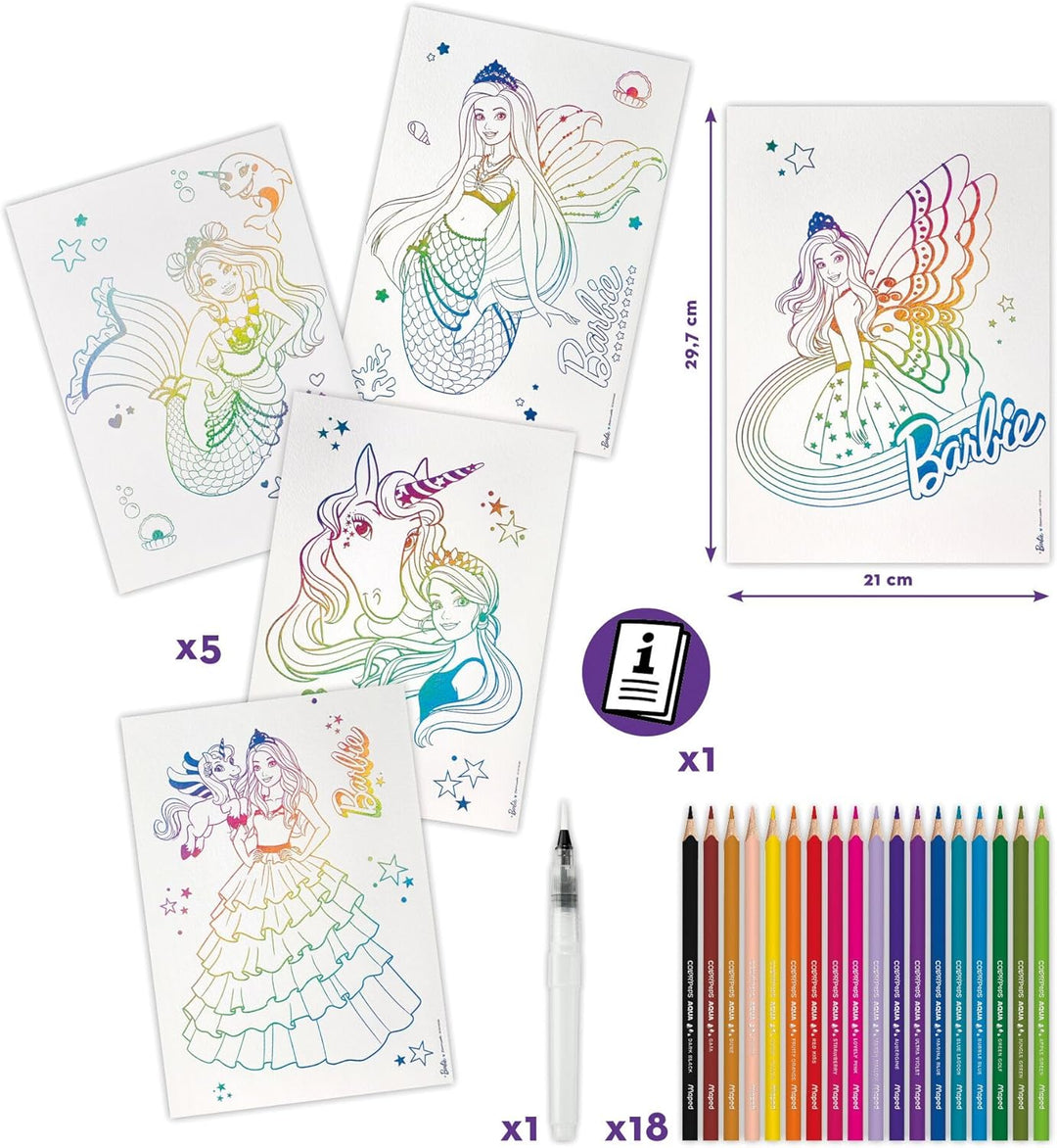 Maped CREATIV - Ausmal-Set AQUA'ART BARBIE - Maxi-Set inkl. 18x Aquarell-Stifte und 5x Vorlagen auf