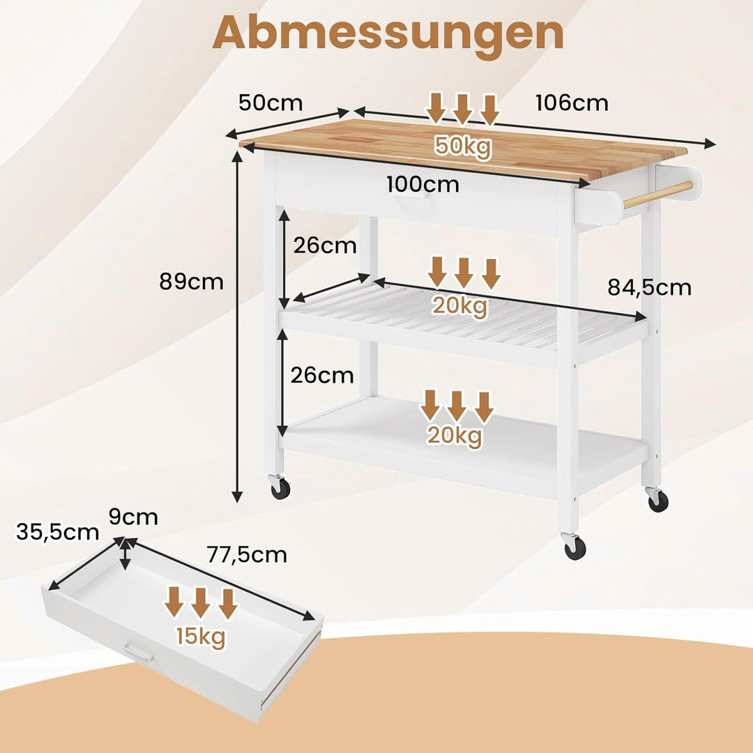 COSTWAY Küchenwagen, Mobile Kücheninsel mit Arbeitsplatte, 3-stöckiger Küchenrollwagen mit 2 offenen