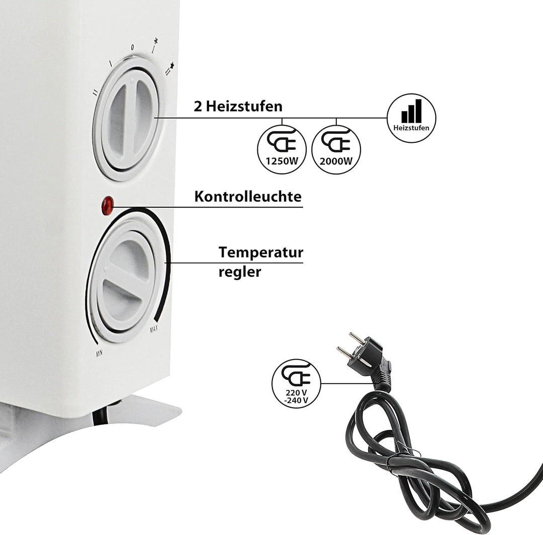 Elektroheizung energiesparend| Konvektor Heizung 1250/2000 Watt | Abschaltautomatik Frostwächter Übe