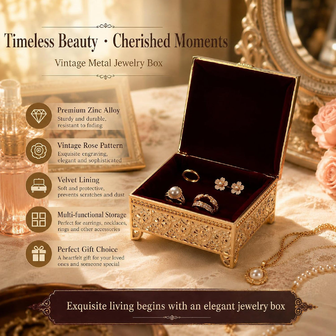 HERCHR Vintage Schmuckschatulle aus Metall, Schmuckkästchen Schmuckaufbewahrungsbox mit Rosenmuster