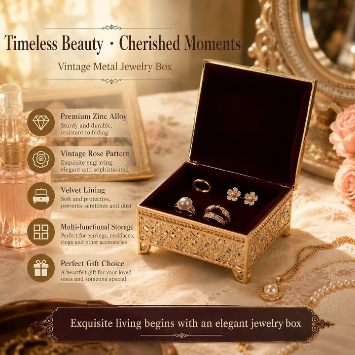 HERCHR Vintage Schmuckschatulle aus Metall, Schmuckkästchen Schmuckaufbewahrungsbox mit Rosenmuster