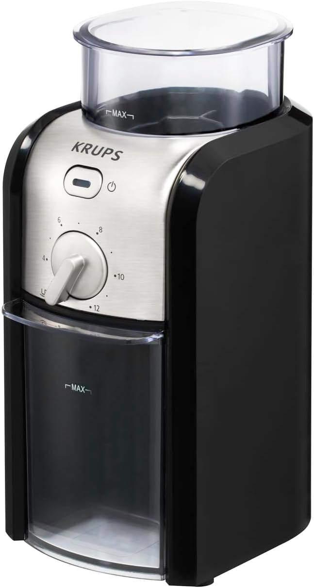 KRUPS GVX212 Kaffeemühle | mit Mahlgrad- Und Tassenzahlauswahl | Scheibenmahlwerk aus Edelstahl | 22