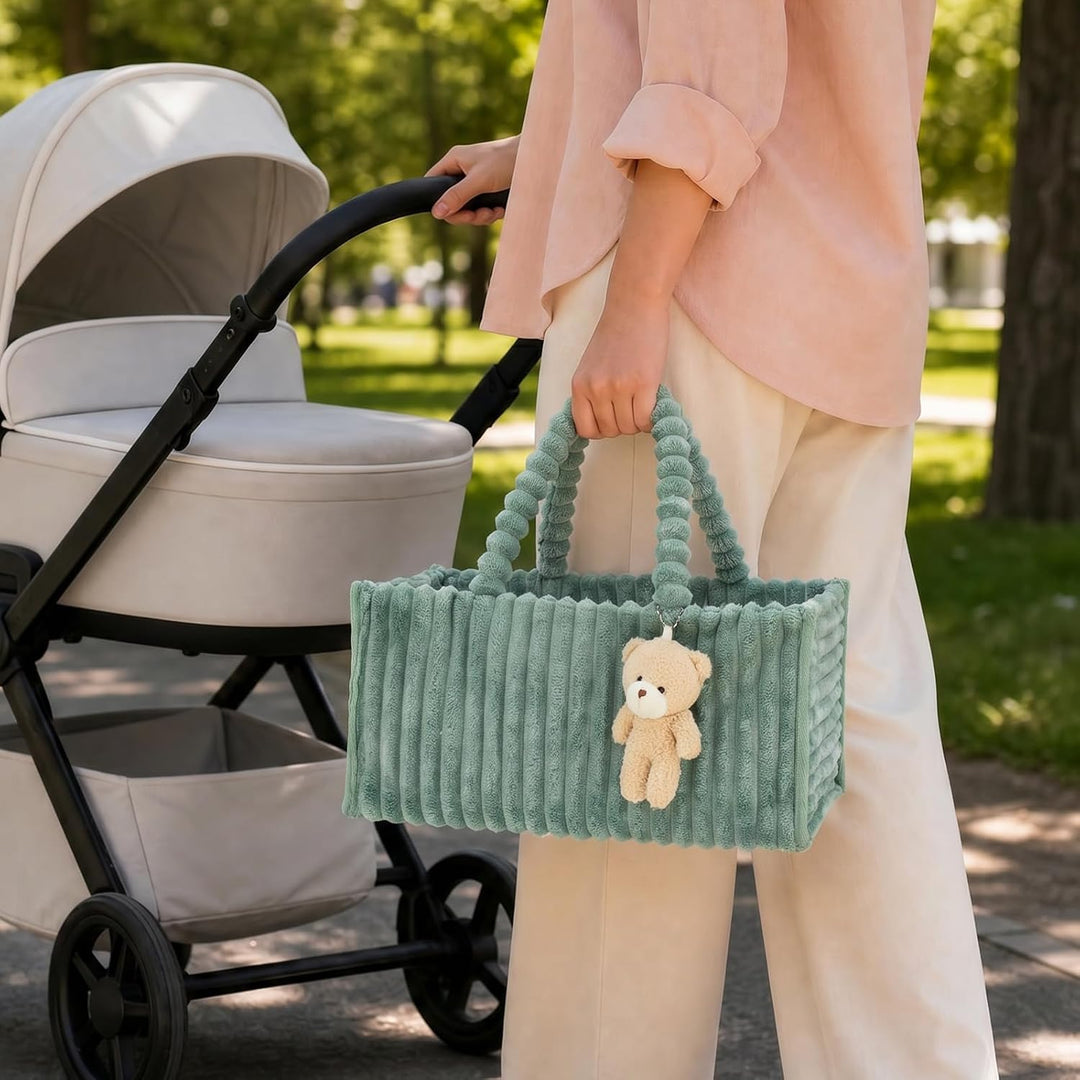 Windel Caddy Organizer aus Plüsch Baby Aufbewahrungsbox mit Bären Anhänger Grün, Grün