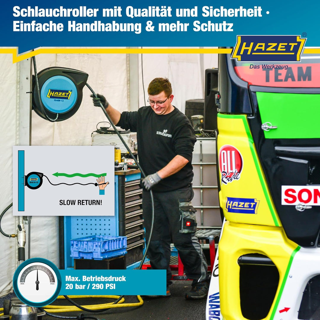 HAZET Schlauchtrommel 9040N-13 | Schlauch-Länge 15 m, Innendurchmesser: 13 mm, Druck: 20 bar für Dru