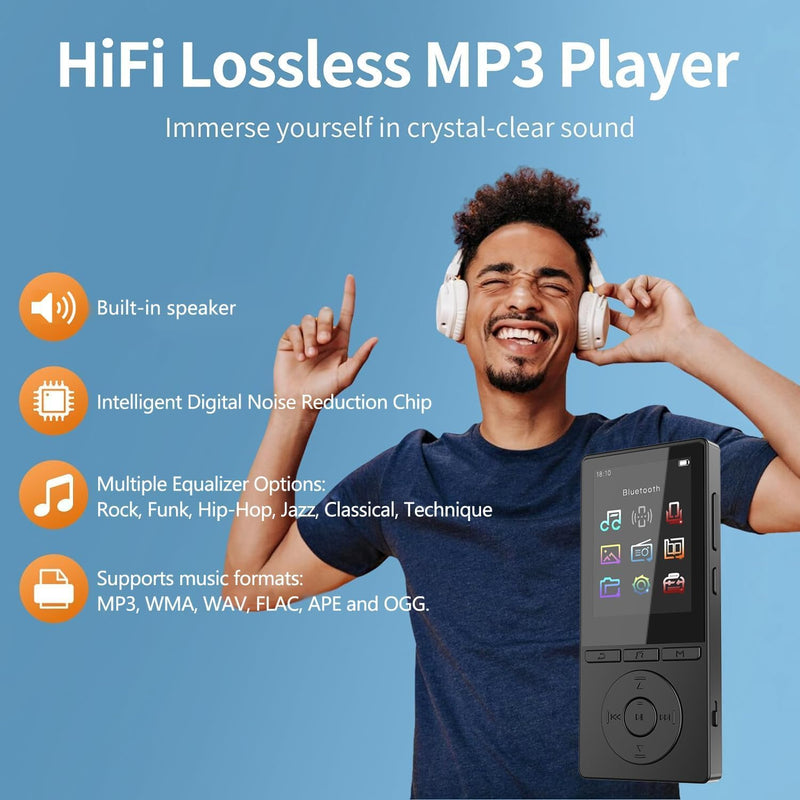 MP3 Player Bluetooth 5.0, 32GB MP3-Player, 2,4 Zoll Farbbildschirm,mp3 Player mit Kopfhörer,FM-Radio