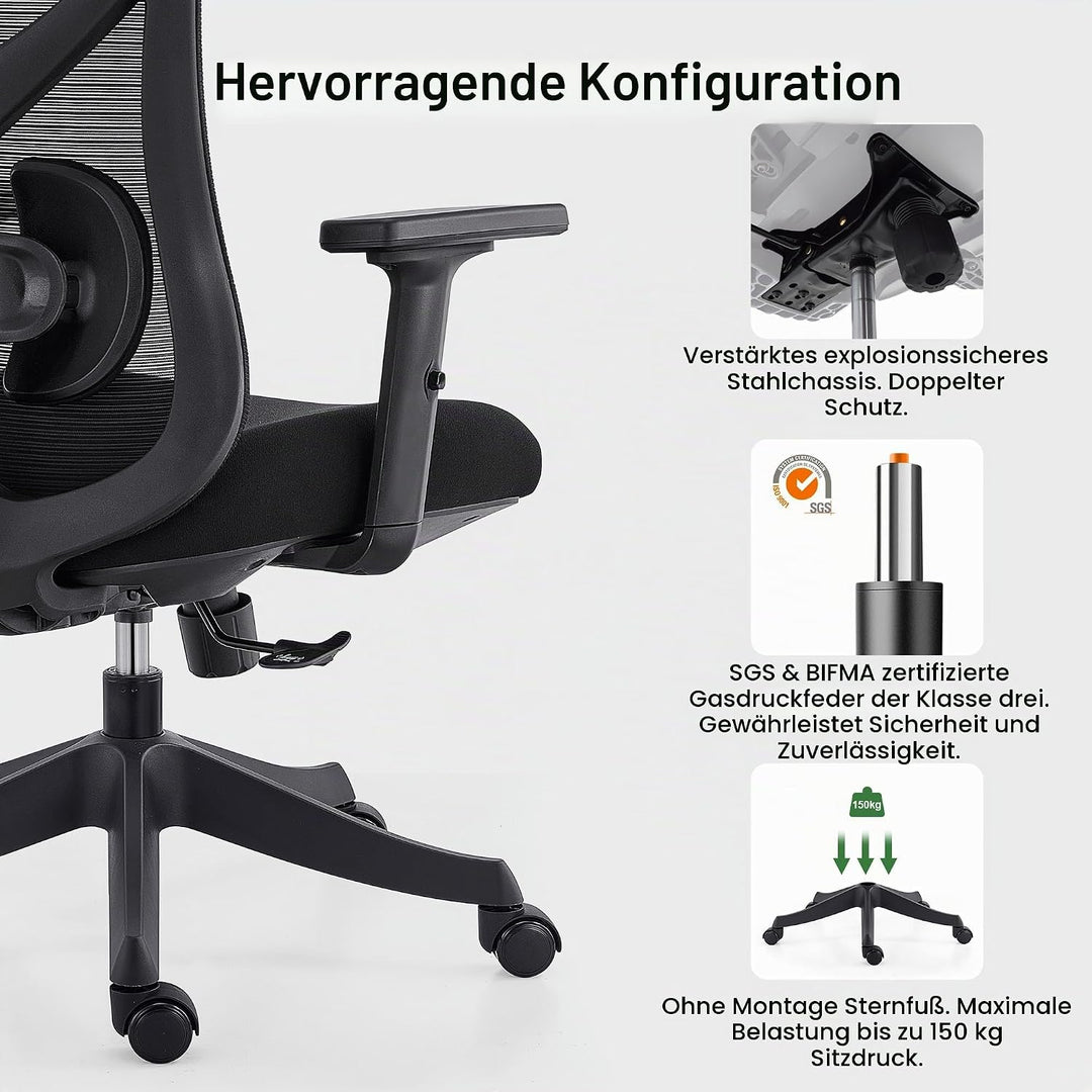 CALIYO G-1635H Bürostuhl Ergonomisch, Schreibtischstuhl mit Verstellbarer Kopfstütze, Armlehnen, Len