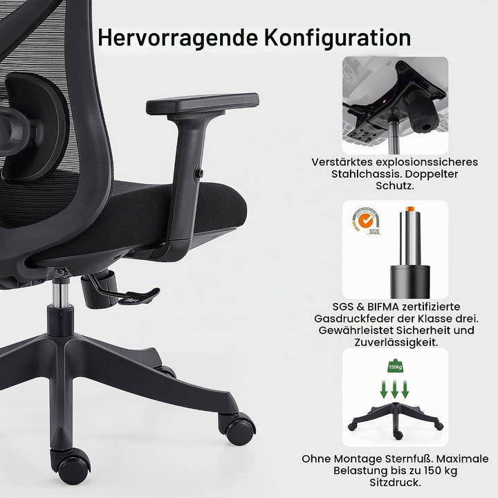 CALIYO G-1635H Bürostuhl Ergonomisch, Schreibtischstuhl mit Verstellbarer Kopfstütze, Armlehnen, Len