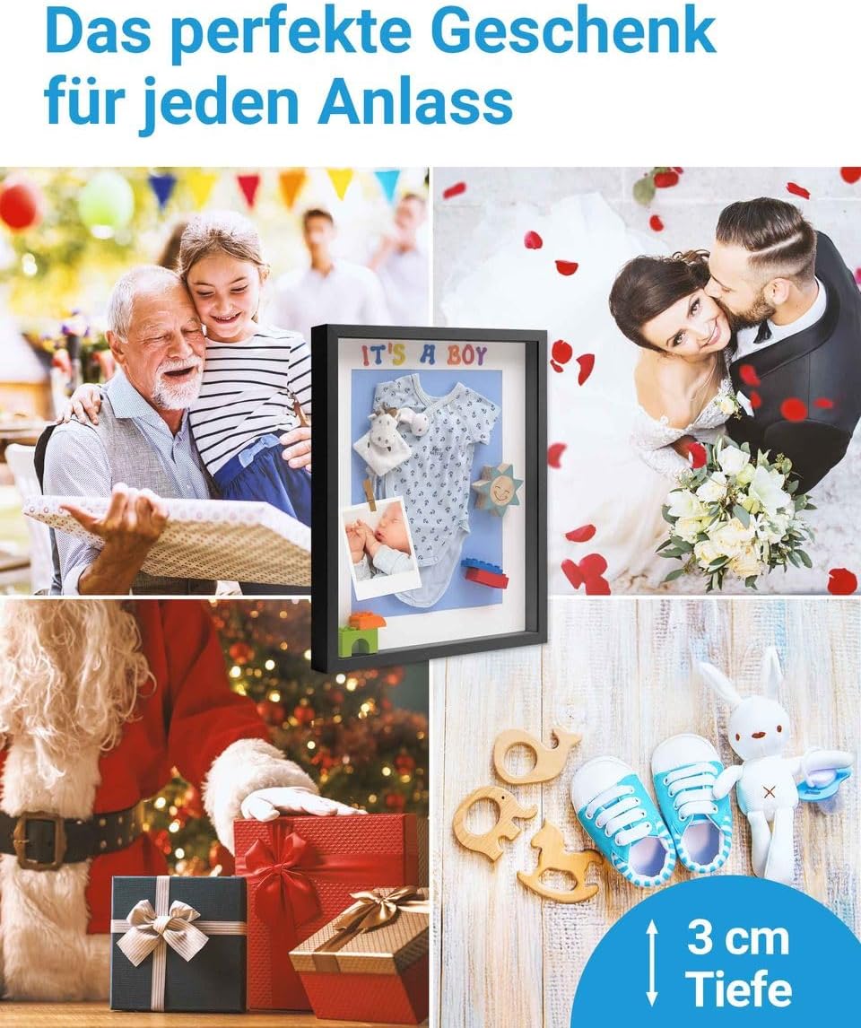 3D-Bilderrahmen zum Befüllen A4 21x30 cm, Schwarz, Bilderrahmen extra tief mit Passepartout, 2er Set
