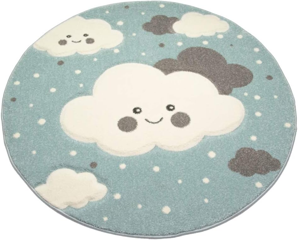Merinos Teppich für Kinder mit Wolken Spielteppich in Blau Grösse 120 cm Rund, 120 cm Rund