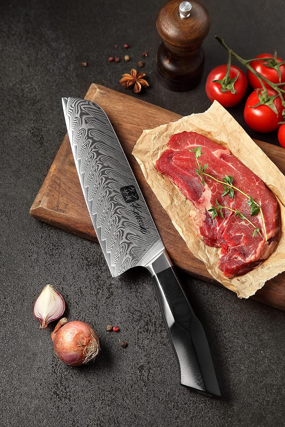 Kensaki Santoku Messer aus Damaszener Stahl Küchenmesser Japanischer Art hergestellt aus 67 Lagen Da