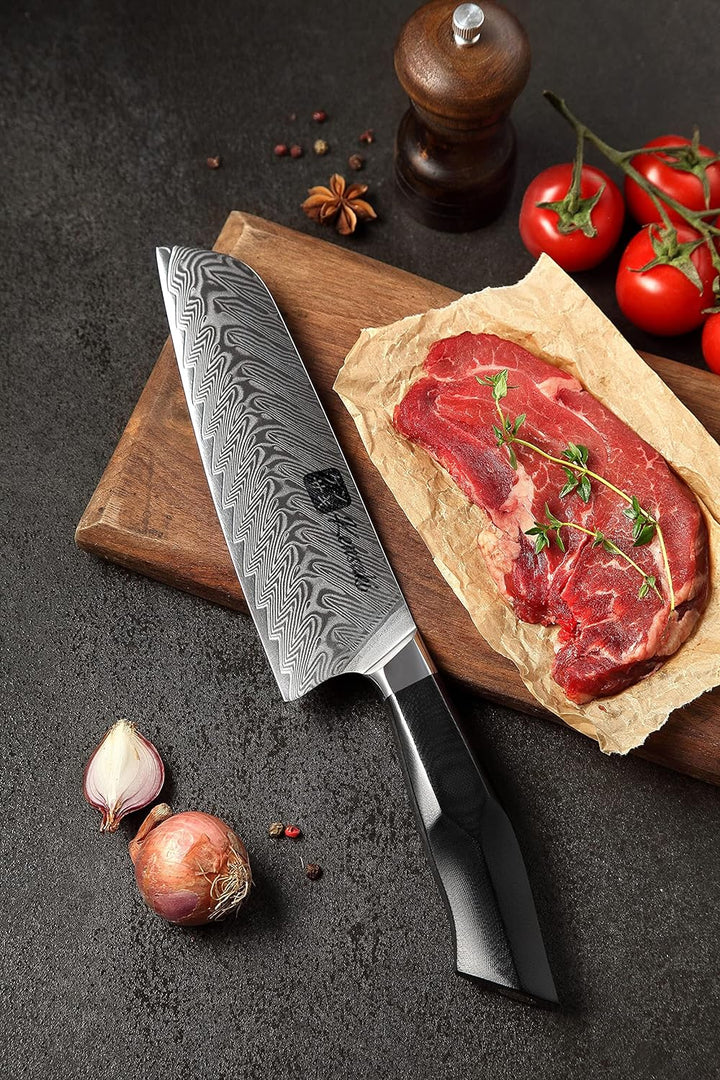 Kensaki Santoku Messer aus Damaszener Stahl Küchenmesser Japanischer Art hergestellt aus 67 Lagen Da