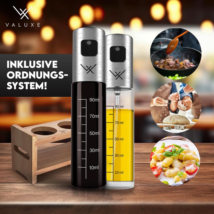 VALUXE® Ölsprüher für Speiseöl und Essig mit UV-Schutz Glas & Sprühfilter - 2er Set Edelstahl Öl-Spr