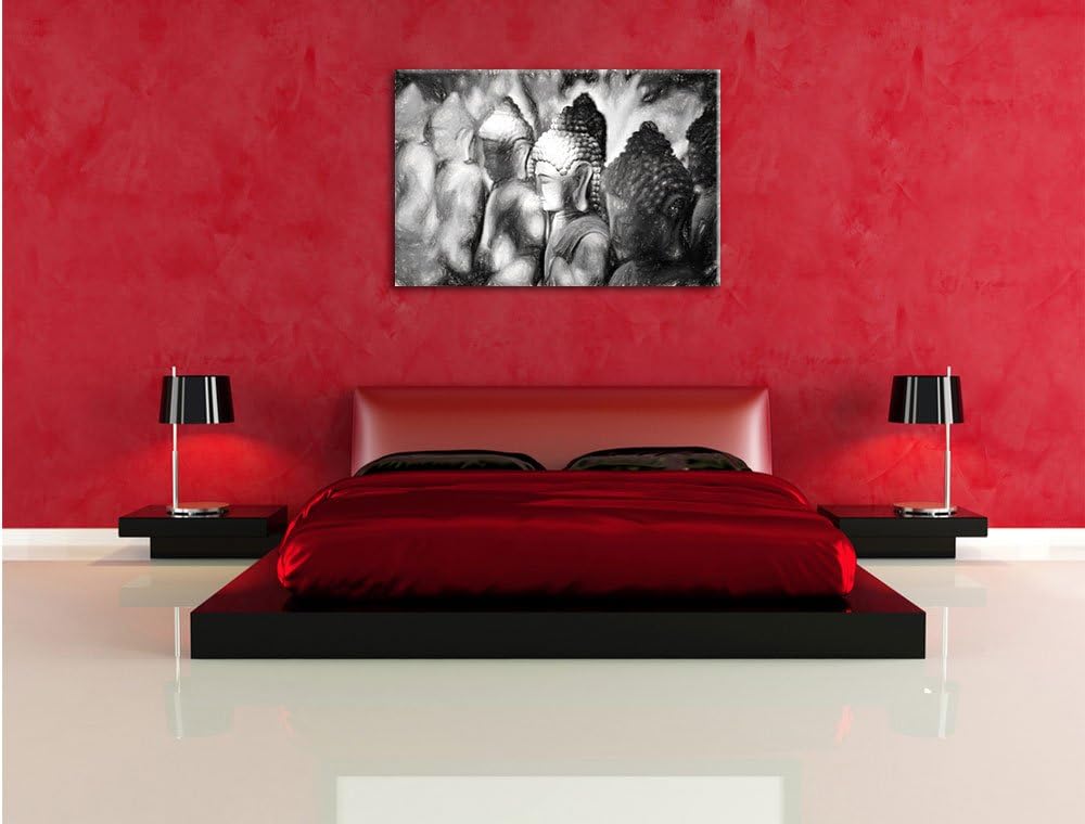 Pixxprint Buddha-Statuen in Einer Reihe / 100x70cm Leinwandbild bespannt auf Holzrahmen/Wandbild Kun