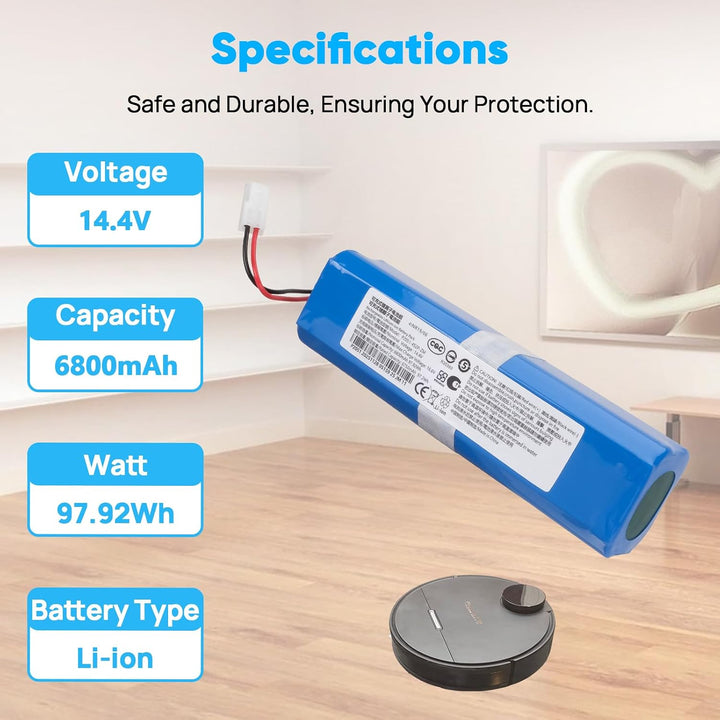 6800mAh 14,4V Akku, Kompatibel mit Rowenta X-Plorer Serie 95, RG7975WH/NS0, RG7987WH/NS0, RR7935WH,