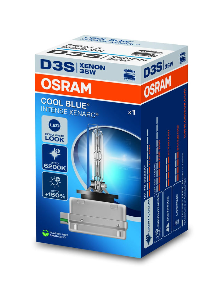 OSRAM XENARC COOL BLUE INTENSE D3S, 150% mehr Helligkeit, bis zu 6.200K, Xenon-Scheinwerferlampe, LE