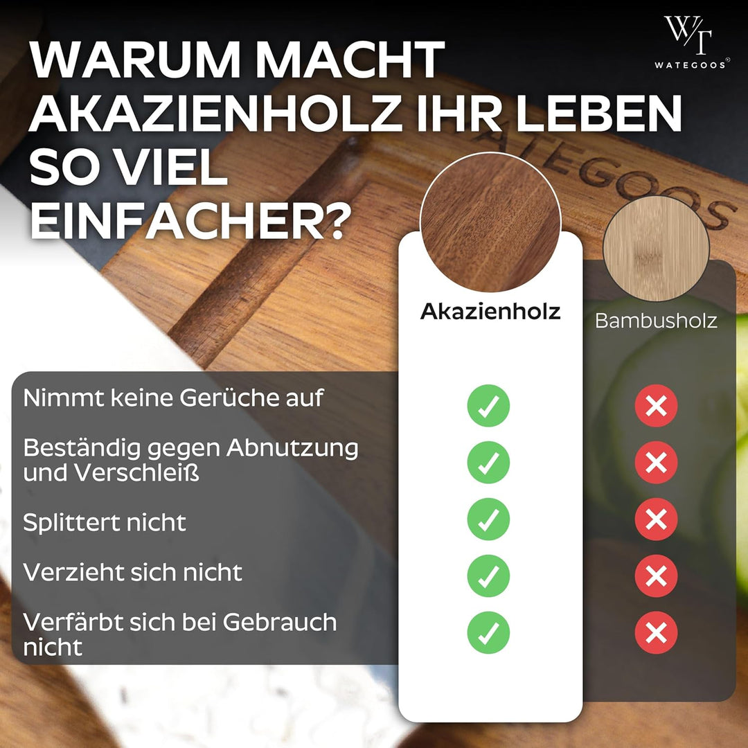 Schneidebrett aus Akazienholz mit Halter – 2 Holz Schneidebretter gross und klein – umweltfreundlich