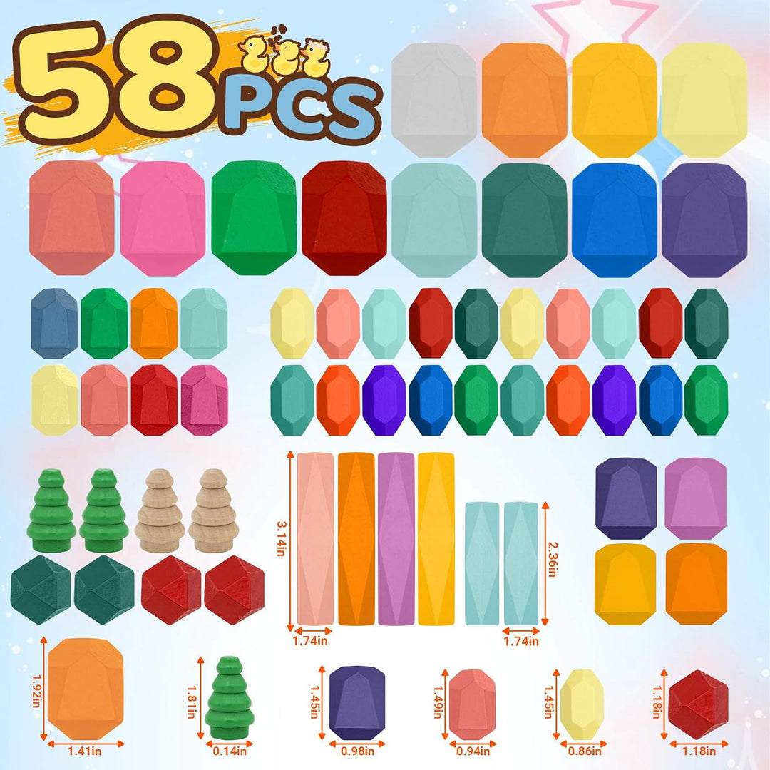 RunHero 58 Stück Stapelsteine Balanciersteine Montessori Holz Bauklötze Spielzeug für Kinder Stapelt