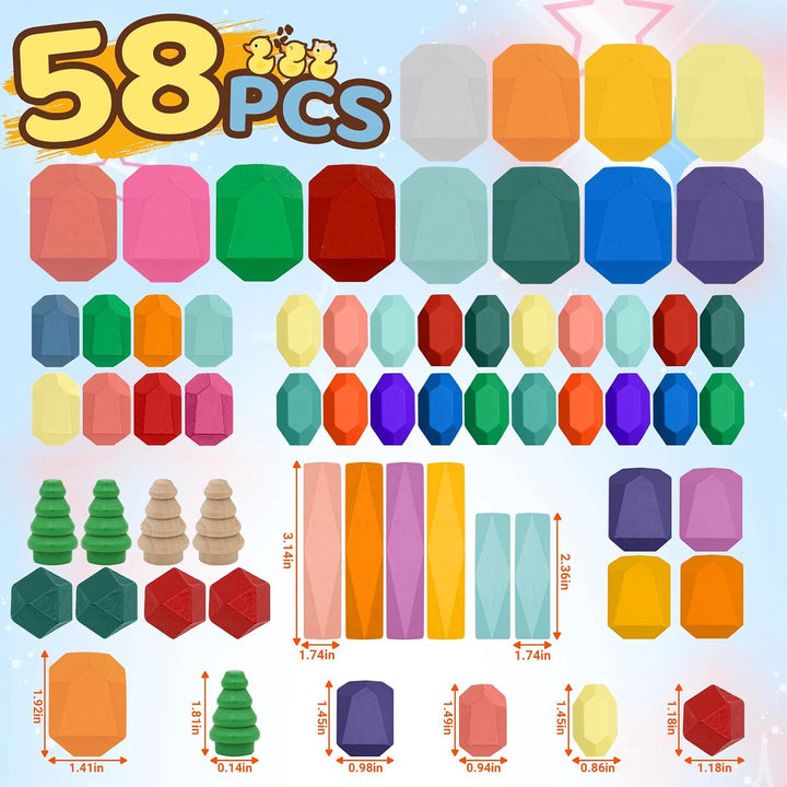 RunHero 58 Stück Stapelsteine Balanciersteine Montessori Holz Bauklötze Spielzeug für Kinder Stapelt