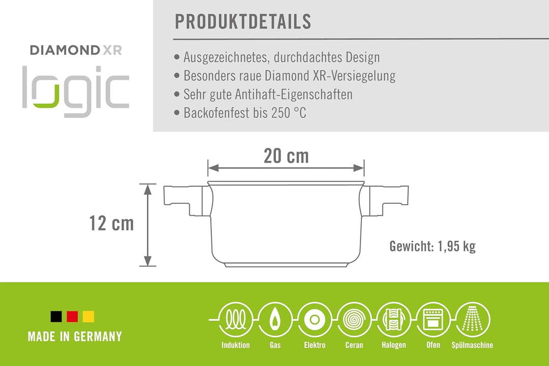Woll Diamond Logic XR Topf mit Glasdeckel in Box - Induktiv -, Ø 20 cm, 12 cm hoch, 3 Liter, mit 2 S