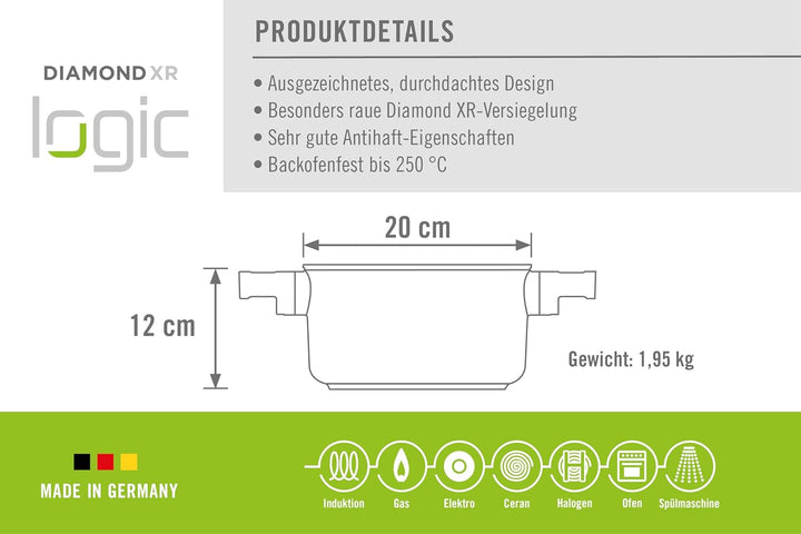 Woll Diamond Logic XR Topf mit Glasdeckel in Box - Induktiv -, Ø 20 cm, 12 cm hoch, 3 Liter, mit 2 S