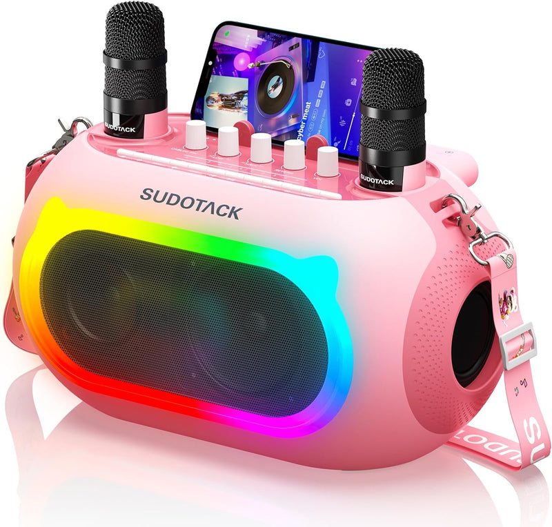 SUDOTACK Karaoke Maschine mit 2 Kabellose Mikrofone, Bluetooth Lautsprecher Box mit Bass-/Höhen-Eins