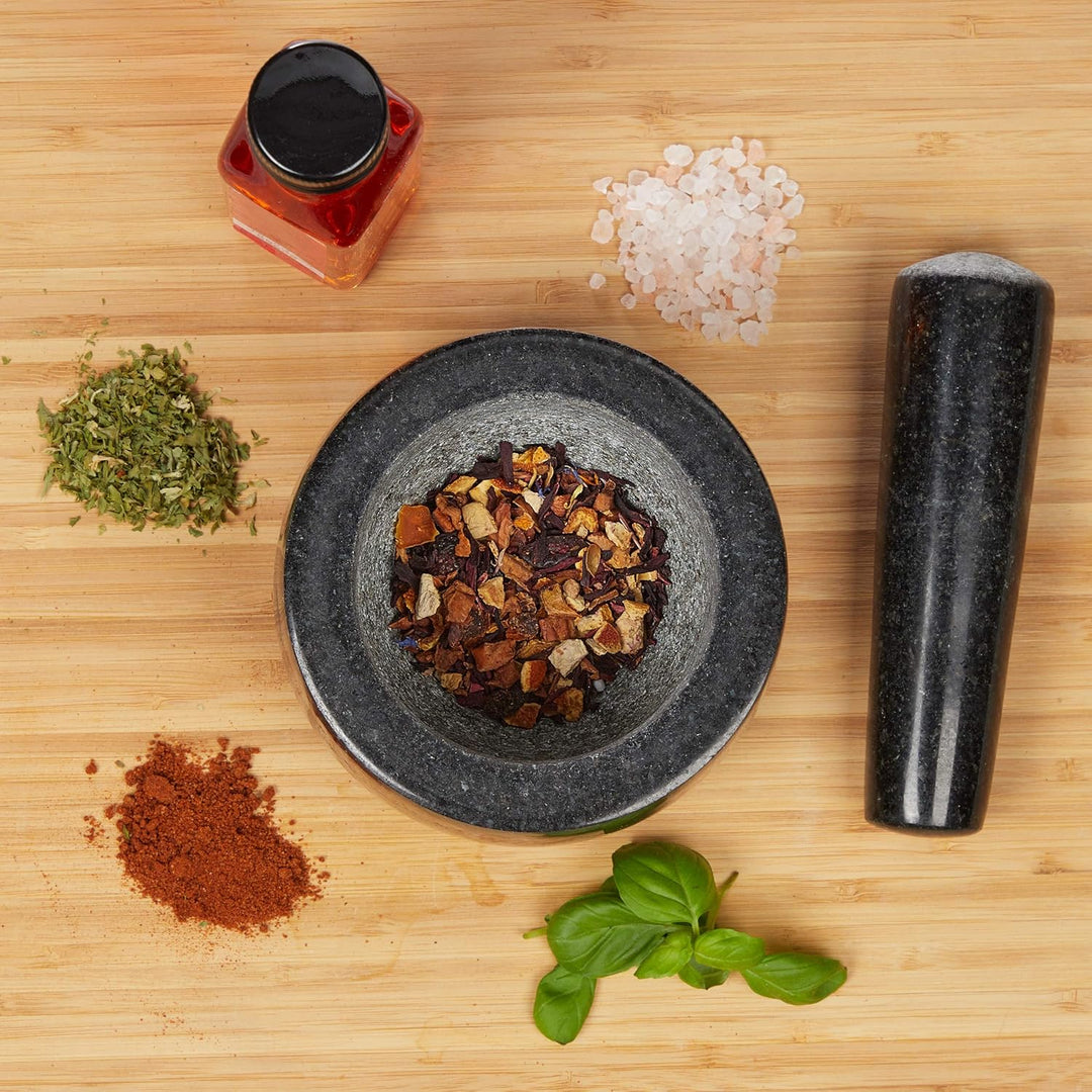 Relaxdays Granit Mörser mit Stössel, robust & langlebig, Gewürze, Kräuter, polierter Steinmörser, Ø