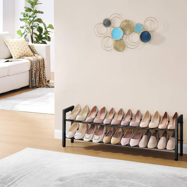 FAVOOSTY 2 Ebenen Schuhregal Metall Ausziehbares Schwarz, Verstellbar Platzsparend, Shoes Rack, Robu