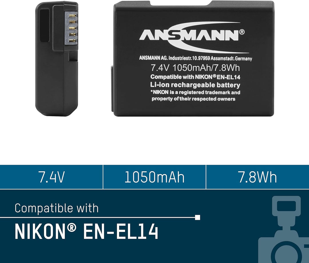 ANSMANN Li-Ion Akku A-Nik EN EL 14 7 4V / Typ 1050mAh / Leistungsstarke Akkubatterie für Foto Digita