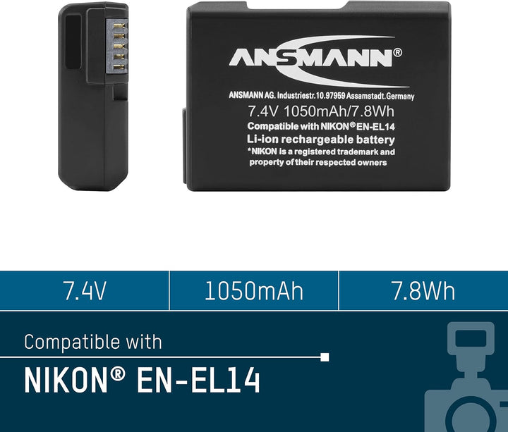 ANSMANN Li-Ion Akku A-Nik EN EL 14 7 4V / Typ 1050mAh / Leistungsstarke Akkubatterie für Foto Digita