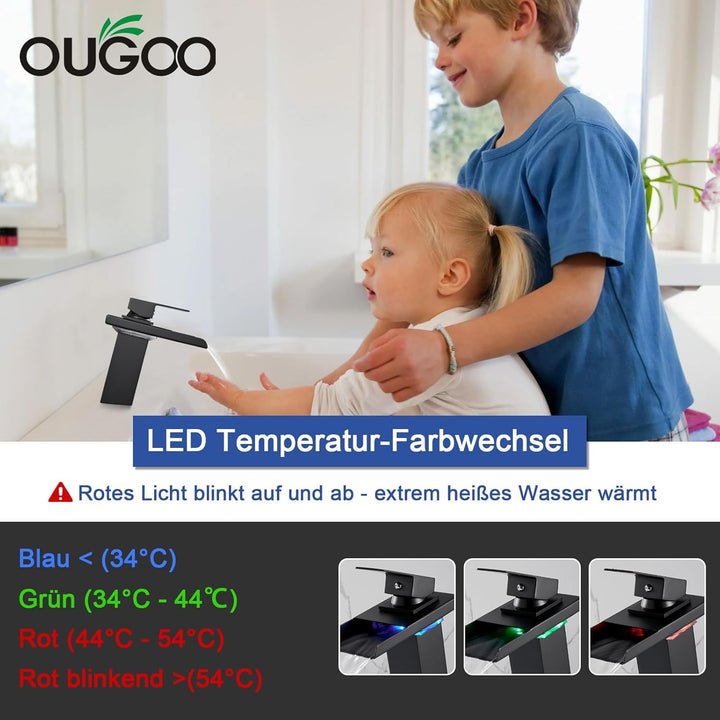 LED Einhebelmischer Waschbecken Wasserhahn, RGB 3 Farbwechsel Armatur mit Temperatursensor, Wasserfa