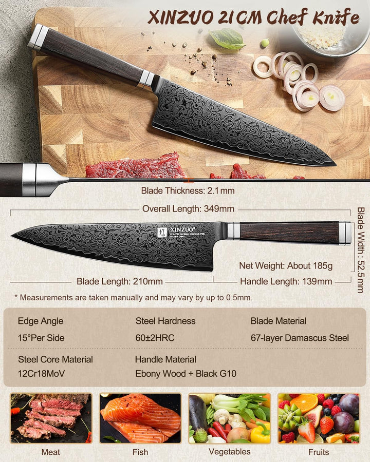 XINZUO 21cm Kochmesser Damastmesser -Schwarze Klinge -Handgeschmiedet 67 Schichten Damaststahl Chefm