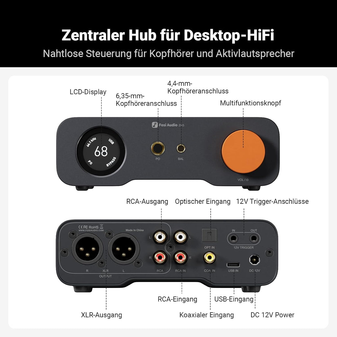 Fosi Audio ZH3 Full Balanced HiFi Vorverstärker, DAC Kopfhörerverstärker mit AKM4493SEQ XMOS XU316 P