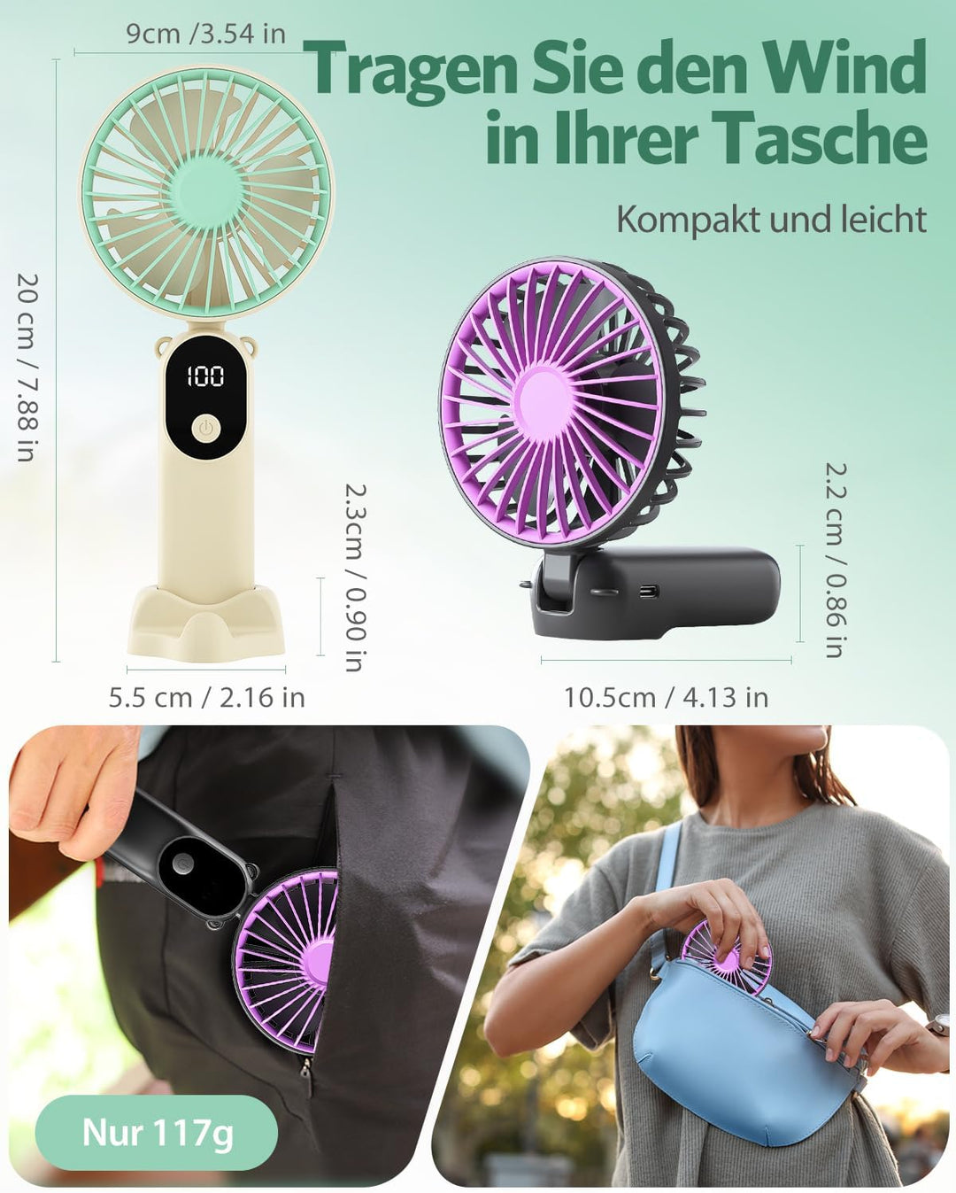 2 Stück Mini Handventilatoren Akku Aufladbar,Tragbarer USB Klein Hand Ventilator Sehr Leise,LED Anze