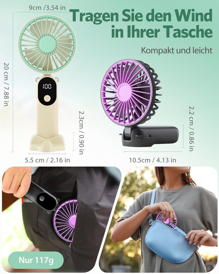 2 Stück Mini Handventilatoren Akku Aufladbar,Tragbarer USB Klein Hand Ventilator Sehr Leise,LED Anze