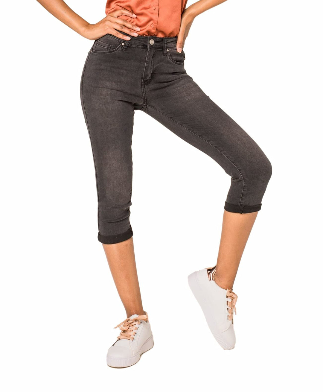 Nina Carter P132 Damen Capri Skinny Fit Jeanshosen HIGH Waist Jeans Used-Look Waschungseffekt L Slim