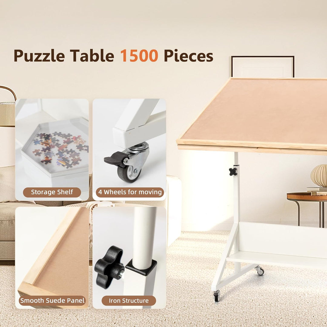 Becko US 1500 Teile Kippbarer & Drehbarer Puzzletisch mit Schubladen & Abdeckung, Faltbares & Tragba