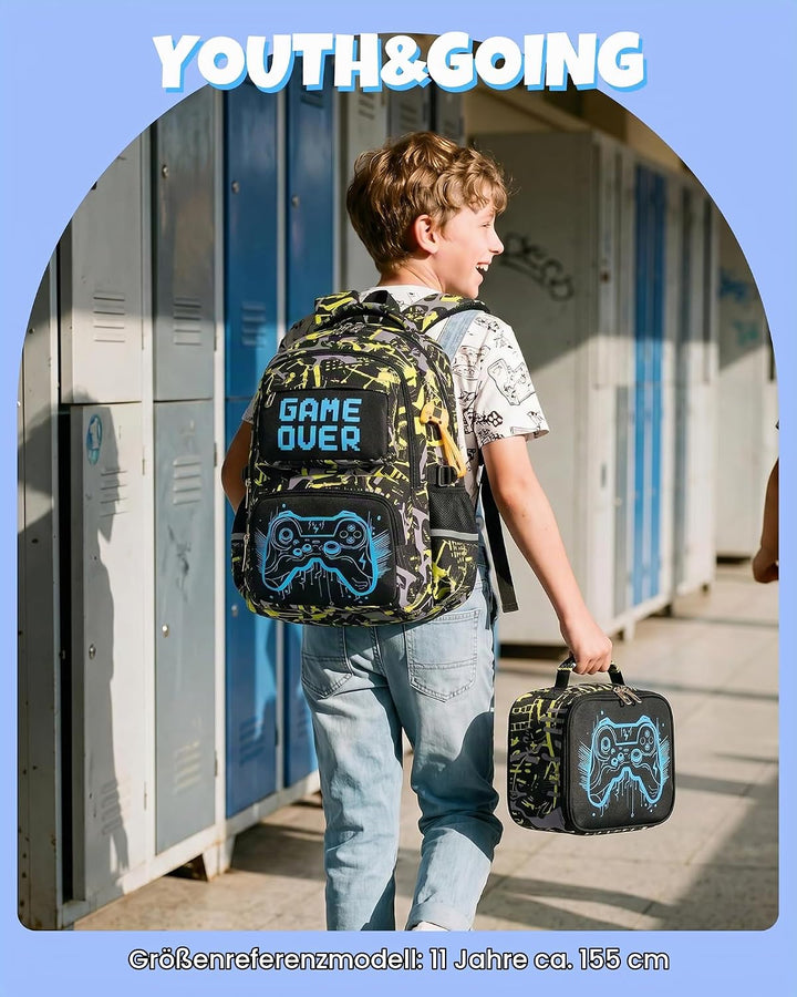 Schulrucksack Jungen Teenager 3 Teilig, Schultasche Kinder für 3. bis 7. Klasse mit Lunch Tasche Fed