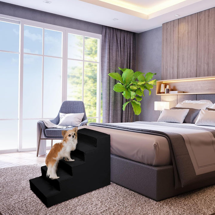Mg Design Hundetreppe 5 Stufen in Schwarz – Stabiler Holzrahmen, gelenkschonend, leicht &amp; mobil, für