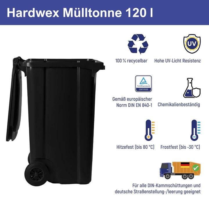Hardwex Mülltonne mit 2 Rädern und Deckel, Müllgrossbehälter, Abfalltonne, Mülleimer, Volumen: 120 L