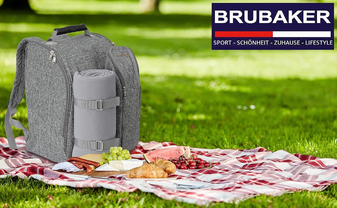 Brubaker Picknickrucksack für 2 Personen Grau 28 × 40 × 22 cm - mit Kühlfach, Iso-Flaschenhalter und
