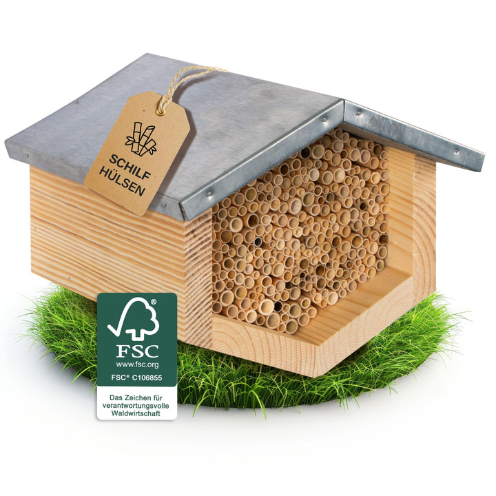 Beesi Bienenhotel mit wetterfestem Metalldach I Bienenhaus mit Schilfröhrchen I Verschiedene Durchme