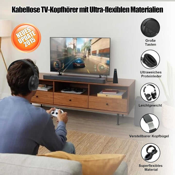 Kabellose TV-Kopfhörer mit Ladestation, kabelloser Kopfhörer zum Fernsehen, grosse Lautstärkeregler