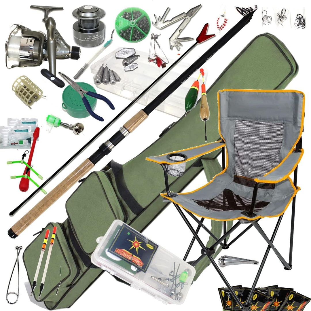 Vario Karpfen Combo Angelset | 3m XXL Komplettset mit Tasche + Anglerstuhl + Köderboxen + Zubehör fü