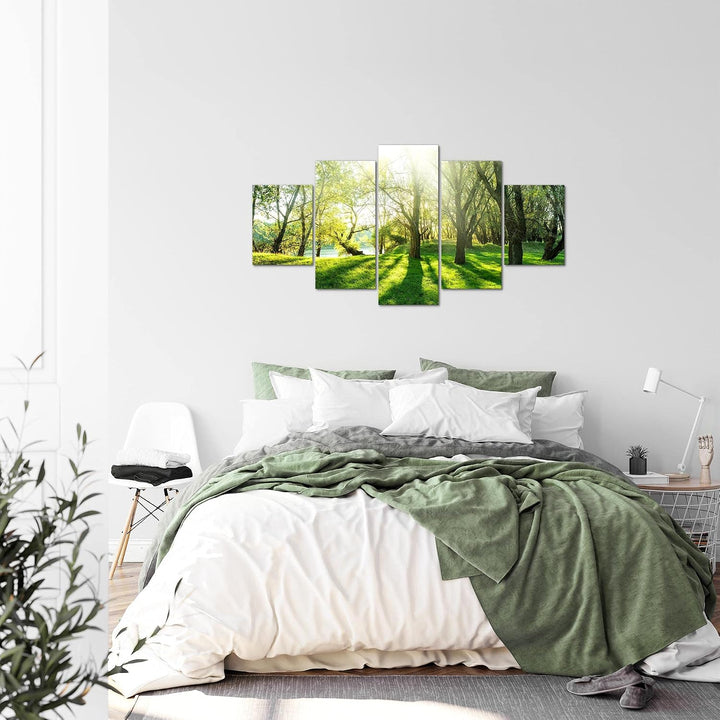 Runa Art Bild Schlafzimmer Wohnzimmer Wald Landschaft 5 Teilig Sonne Grün Wandbilder auf Vlies Leinw