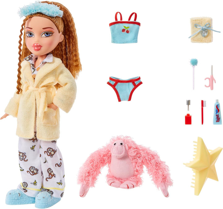 Bratz Slumber Party - Meygan Modepuppe - Mit 2 Pyjama-Garnituren, Plüschtier und Accessoires - Für K