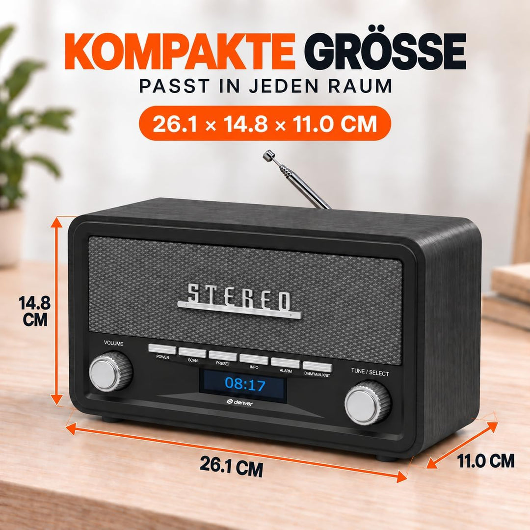 Denver DAB Radio DAB18, Radio mit Bluetooth, Retro Radio aus Holz, FM Radio, DAB, DAB+, AUX, Batteri